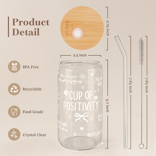 Inspiration Glass Bottle, Positive Motivational Glass Cup with Lid & Straw, Iced Coffee Aesthetic Glass Can, Gift for Christmas Birthday Mother Day, Gifts for Women, 16oz