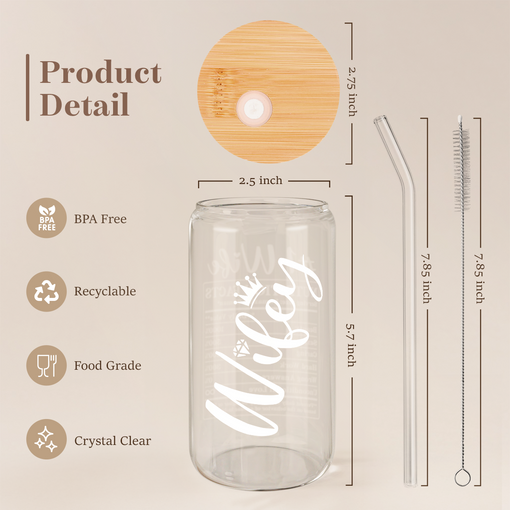 Wife Glass Bottle, Wifey Glass Cup with Lid & Straw, Iced Coffee Aesthetic Glass Can, Idea Gift for Christmas Marriage Birthday Anniversary Valentine, Gifts for Women, 16oz