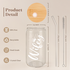 Wife Glass Bottle, Wifey Glass Cup with Lid & Straw, Iced Coffee Aesthetic Glass Can, Idea Gift for Christmas Marriage Birthday Anniversary Valentine, Gifts for Women, 16oz