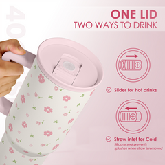 Floral 40oz Tumbler with Handle and Straw - Flowers Insulated Stainless Steel Travel Coffee Mug for Women Girls - Gift Idea for Birthday Christmas Mothers Day