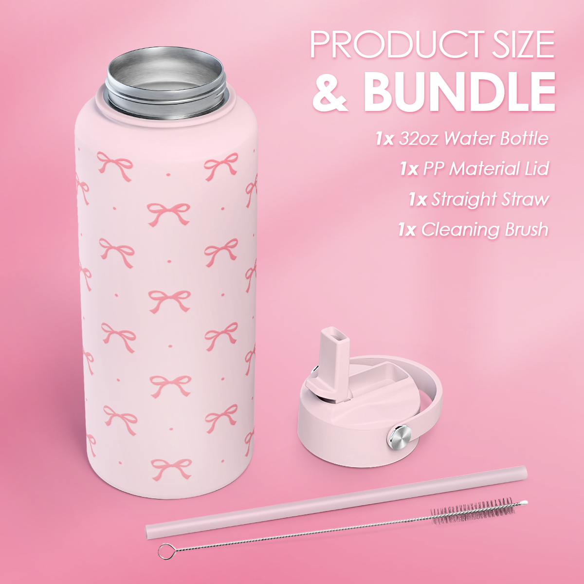 Pink Bow SipChic | Straw Lid Water Bottle 32oz