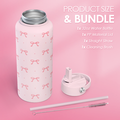 Pink Bow Water Bottle Stainless Steel Insulated Vacuum 32oz with Lid, Gifts for Women Girls Teens Birthday Christmas