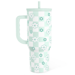 40oz Daisy Flower Tumbler with Handle and Straw - Insulated Stainless Steel Coffee Travel Mug for Women Girls, Floral Gift Idea for Birthday Christmas