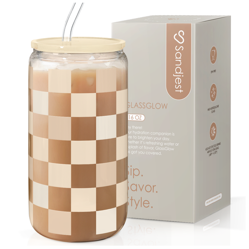 Checkerboard Glass Bottle, Beige Checker Glass Cup with Lid & Straw, Iced Coffee Aesthetic Glass Can, Gift for Christmas Birthday Mother Day, Gifts for Women, 16oz