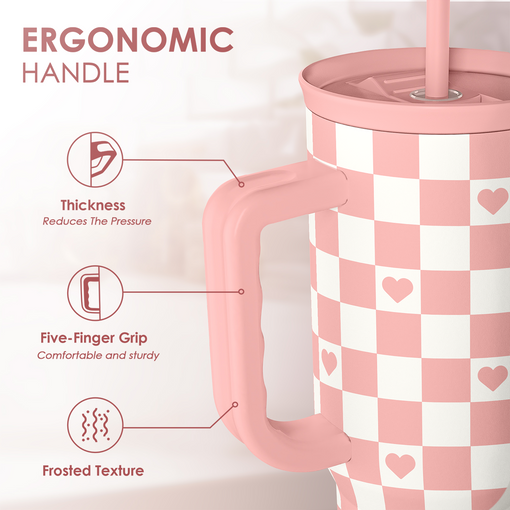 40oz Checkered and Heart Tumbler with Handle and Straw - Insulated Stainless Steel Travel Coffee Mug for Women Girls, Gift for Birthday, Christmas