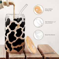 Cow Glass Bottle, Cow Prints Glass Cup with Lid & Straw, Iced Coffee Aesthetic Glass Can, Idea Gift for Christmas Birthday Mother Day, Gifts for Women, 16oz