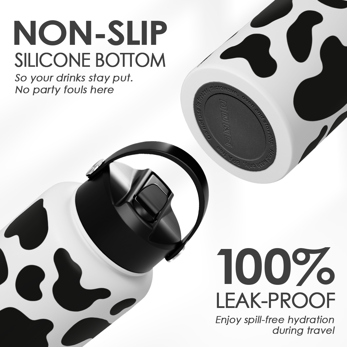 Black Cow Print SipChic | Straw Lid Water Bottle 32oz