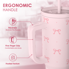 Gift for Women Girls - Coquette Bow Stainless Steel Tumbler with Handle, Travel Coffee Mug - Gifts for Birthday Christmas, 40oz