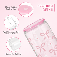 Bow Glass Bottle, Bows Glass Cup with Lid & Straw, Iced Coffee Aesthetic Glass Can, Idea Gift for Christmas Birthday Mother Day, Gifts for Women, 16oz