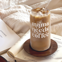 Mom Glass Bottle, Mama Needs Coffee Glass Cup with Lid & Straw, Iced Coffee Aesthetic Glass Can, Idea Gift for Christmas Birthday Mother Day, Gifts for Women, 16oz