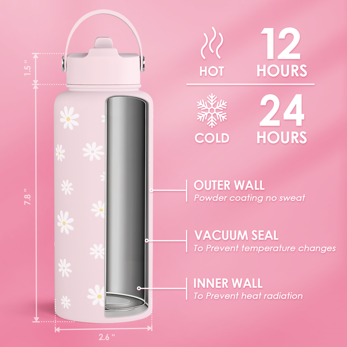 Daisy Water Bottle Stainless Steel 32oz Insulated with Lid, Flower Water Bottles Gifts for Women Girls Friends Teens Birthday Christmas