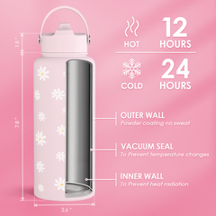 Daisy Water Bottle Stainless Steel 32oz Insulated with Lid, Flower Water Bottles Gifts for Women Girls Friends Teens Birthday Christmas