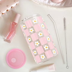 Checker Daisy GlassGlow | Glass Tumbler with Acrylic Lid 16oz