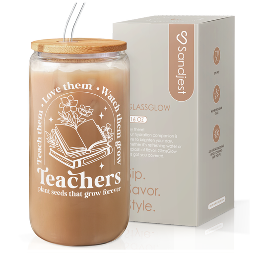 Teacher Glass Bottle, Teachers Plant Seeds That Grow Forever Glass Cup with Lid & Straw, Coffee Aesthetic Glass Can, Gift for Christmas Teacher Appreciation, Gifts for Women, 16oz