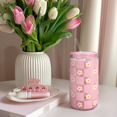 Checker Daisy GlassGlow | Glass Tumbler with Acrylic Lid 16oz