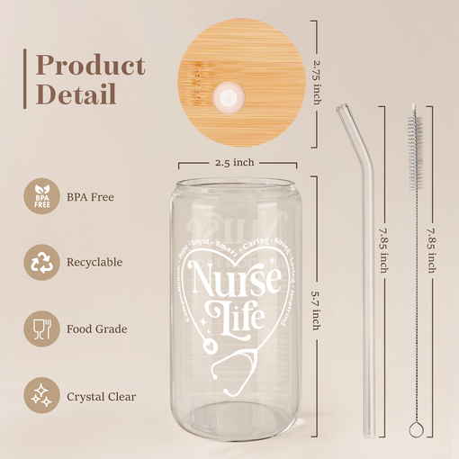 Nurse Glass Bottle, Nurse Life Glass Cup with Lid & Straw, Iced Coffee Aesthetic Glass Can, Idea Gift for Christmas Birthday Mother Day Nurse Week, Gifts for Women Friends, 16oz