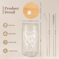 Nurse Glass Bottle, Nurse Life Glass Cup with Lid & Straw, Iced Coffee Aesthetic Glass Can, Idea Gift for Christmas Birthday Mother Day Nurse Week, Gifts for Women Friends, 16oz