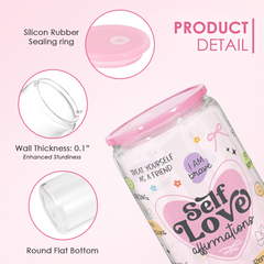 Inspiration Glass Bottle, Self Love Iced Coffee Aesthetic Glass Can Cup, Gifts for Christmas Birthday, Gift for Women Girls, 16oz