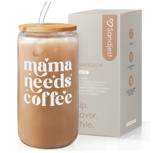 Mom Glass Bottle, Mama Needs Coffee Glass Cup with Lid & Straw, Iced Coffee Aesthetic Glass Can, Idea Gift for Christmas Birthday Mother Day, Gifts for Women, 16oz