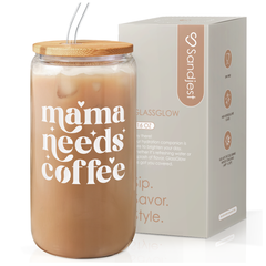 Mom Glass Bottle, Mama Needs Coffee Glass Cup with Lid & Straw, Iced Coffee Aesthetic Glass Can, Idea Gift for Christmas Birthday Mother Day, Gifts for Women, 16oz