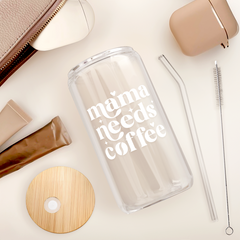 Mom Glass Bottle, Mama Needs Coffee Glass Cup with Lid & Straw, Iced Coffee Aesthetic Glass Can, Idea Gift for Christmas Birthday Mother Day, Gifts for Women, 16oz