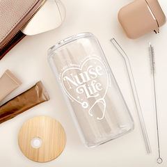 Nurse Glass Bottle, Nurse Life Glass Cup with Lid & Straw, Iced Coffee Aesthetic Glass Can, Idea Gift for Christmas Birthday Mother Day Nurse Week, Gifts for Women Friends, 16oz