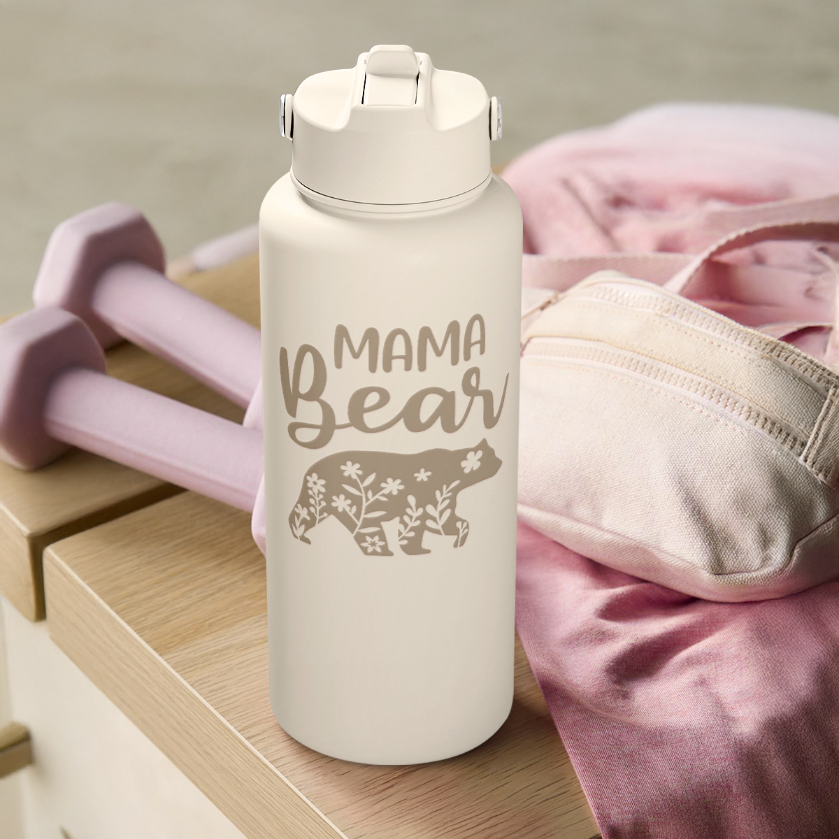 Beige Mama Bear SipChic | Straw Lid Water Bottle 32oz