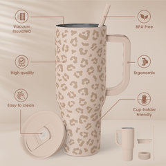 Leopard Tumbler with Handle, Insulated Cup Stainless Steel Travel Mug Cup, Gifts for Women Girl on Birthday Christmas, Tan Leopard, 40oz