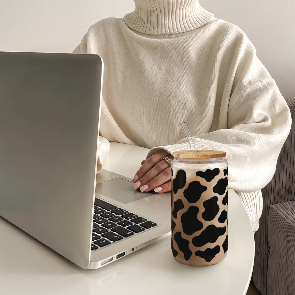 Black Cow Skin GlassGlow | Glass Tumbler with Bamboo Lid 16oz