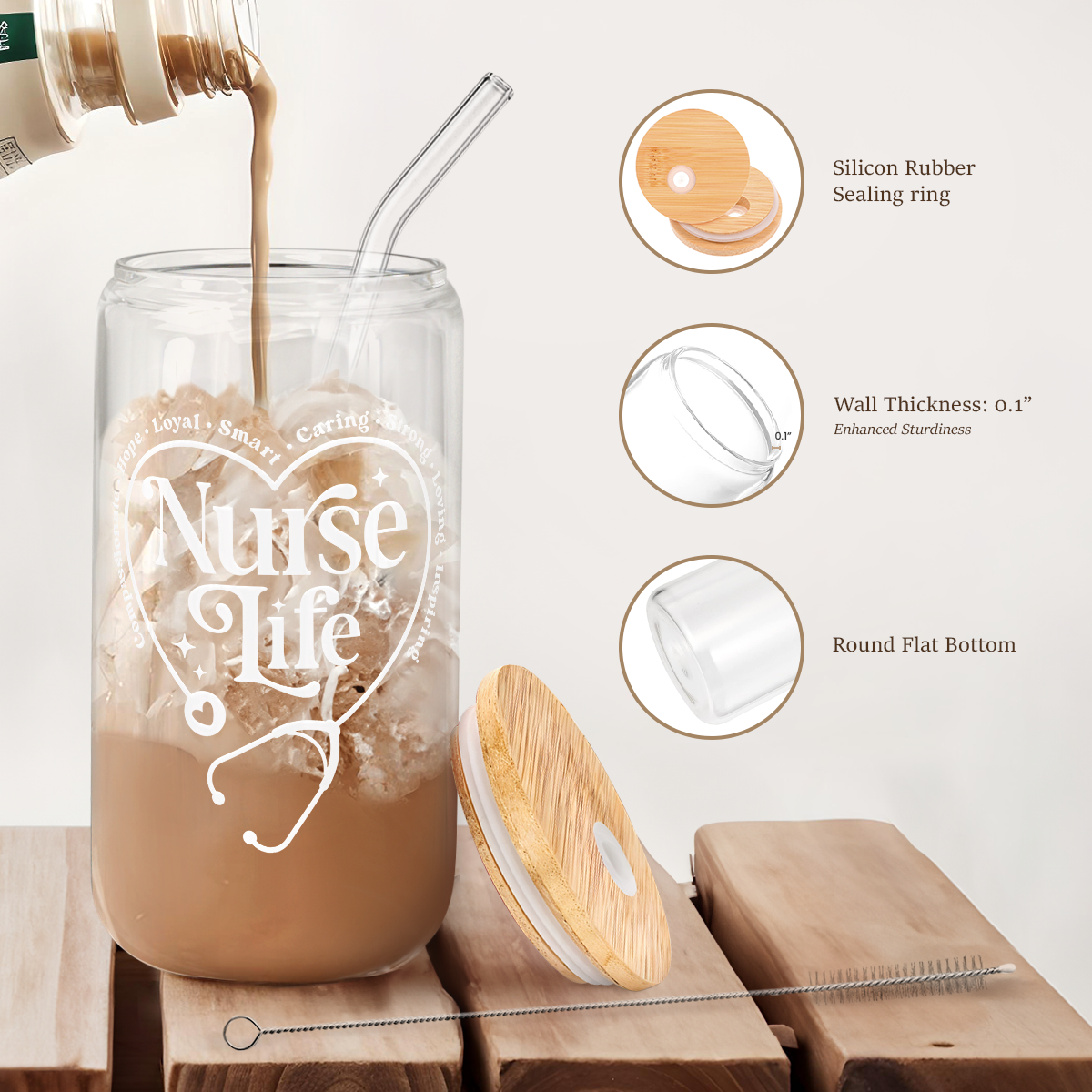 Nurse Glass Bottle, Nurse Life Glass Cup with Lid & Straw, Iced Coffee Aesthetic Glass Can, Idea Gift for Christmas Birthday Mother Day Nurse Week, Gifts for Women Friends, 16oz