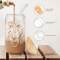 Nurse Glass Bottle, Nurse Life Glass Cup with Lid & Straw, Iced Coffee Aesthetic Glass Can, Idea Gift for Christmas Birthday Mother Day Nurse Week, Gifts for Women Friends, 16oz