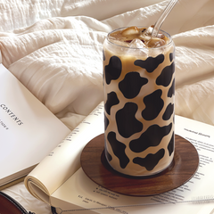 Cow Glass Bottle, Cow Prints Glass Cup with Lid & Straw, Iced Coffee Aesthetic Glass Can, Idea Gift for Christmas Birthday Mother Day, Gifts for Women, 16oz
