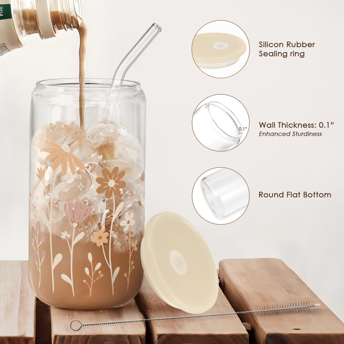Floral GlassGlow | Glass Tumbler with Acrylic Lid 16oz