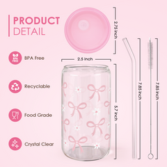 Bow Glass Bottle, Bows Glass Cup with Lid & Straw, Iced Coffee Aesthetic Glass Can, Idea Gift for Christmas Birthday Mother Day, Gifts for Women, 16oz