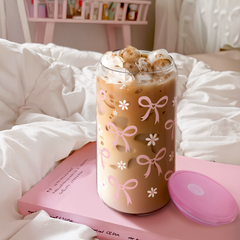 Bow Glass Bottle, Bows Glass Cup with Lid & Straw, Iced Coffee Aesthetic Glass Can, Idea Gift for Christmas Birthday Mother Day, Gifts for Women, 16oz