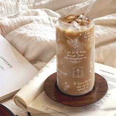 Christian Glass Bottle, I am Child of God Glass Cup with Lid & Straw, Iced Coffee Aesthetic Glass Can, Idea Gift for Christmas Birthday, Gifts for Women, 16oz