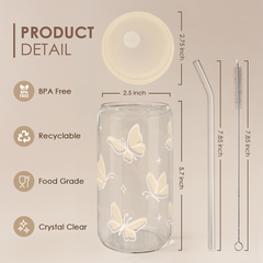 Butterfly Glass Bottle, Iced Coffee Aesthetic Glass Can Cup, Gifts for Christmas Birthday, Gift for Women Girls, 16oz