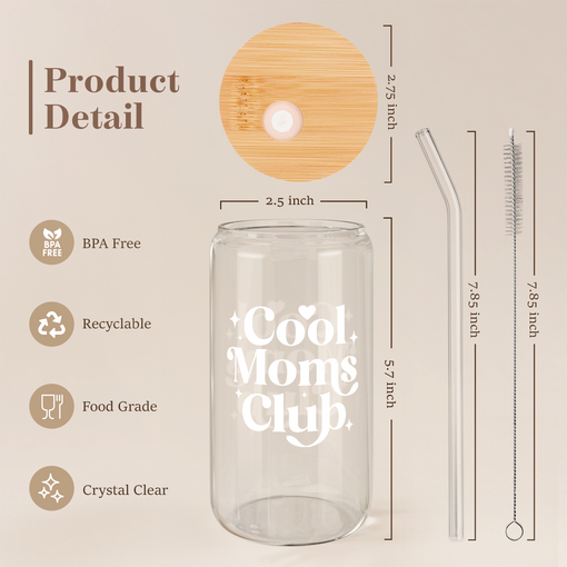 Mom Glass Bottle, Cool Mom Club Glass Cup with Lid & Straw, Iced Coffee Aesthetic Glass Can, Idea Gift for Christmas Birthday Mother Day, Gifts for Women, 16oz