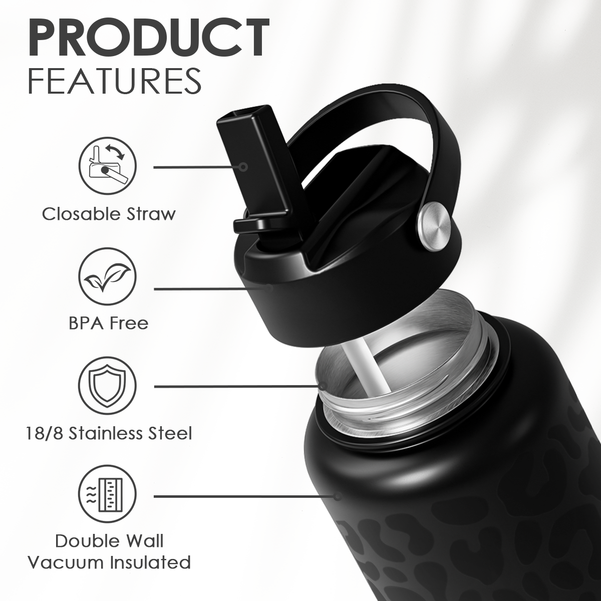 Leopard Water Bottle 32oz Stainless Steel Double Wall Vacuum Insulated with Lid, Leopard Print Water Bottles for Gym Sports Travel Outdoor, Gifts for Women Girls Ladies Birthday Christmas