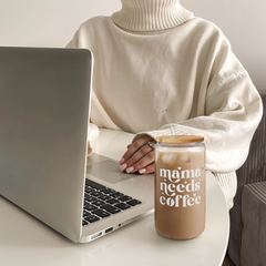 Mom Glass Bottle, Mama Needs Coffee Glass Cup with Lid & Straw, Iced Coffee Aesthetic Glass Can, Idea Gift for Christmas Birthday Mother Day, Gifts for Women, 16oz