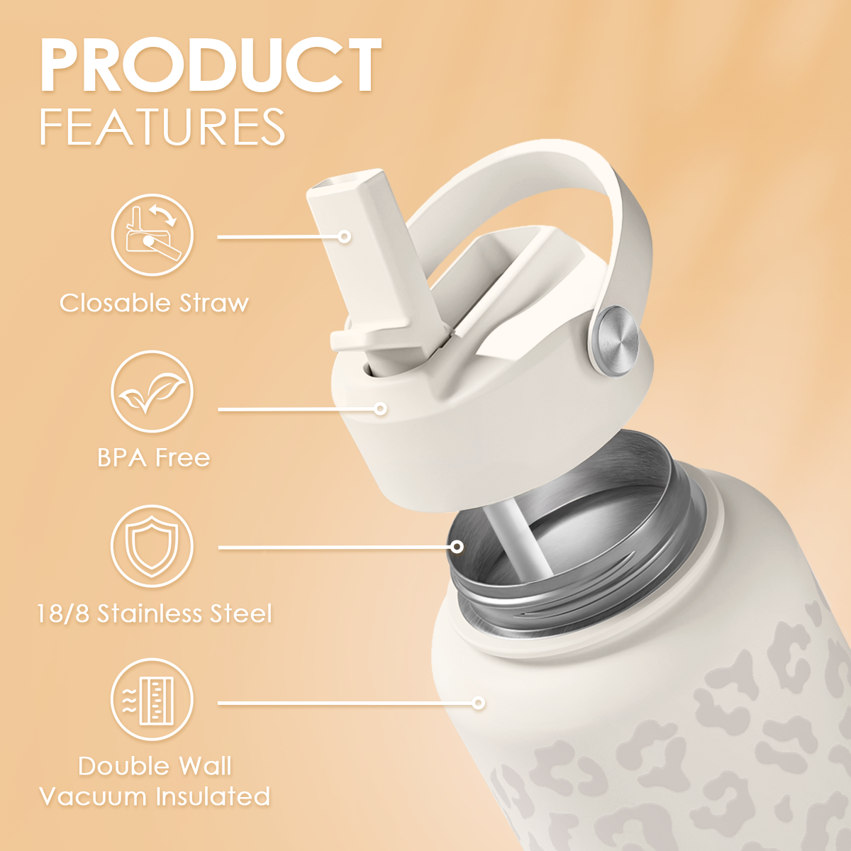 Leopard Water Bottle 32oz Stainless Steel Vacuum Insulated with Lid, Leopard Print Water Bottles for Gym Sports Travel Outdoor, Gifts for Women Girls Ladies Birthday Christmas