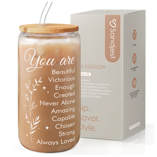 Inspiration Glass Bottle, Positive Motivational Glass Cup with Lid & Straw, Iced Coffee Aesthetic Glass Can, Idea Gift for Christmas Birthday Mother Day, Gifts for Women, 16oz