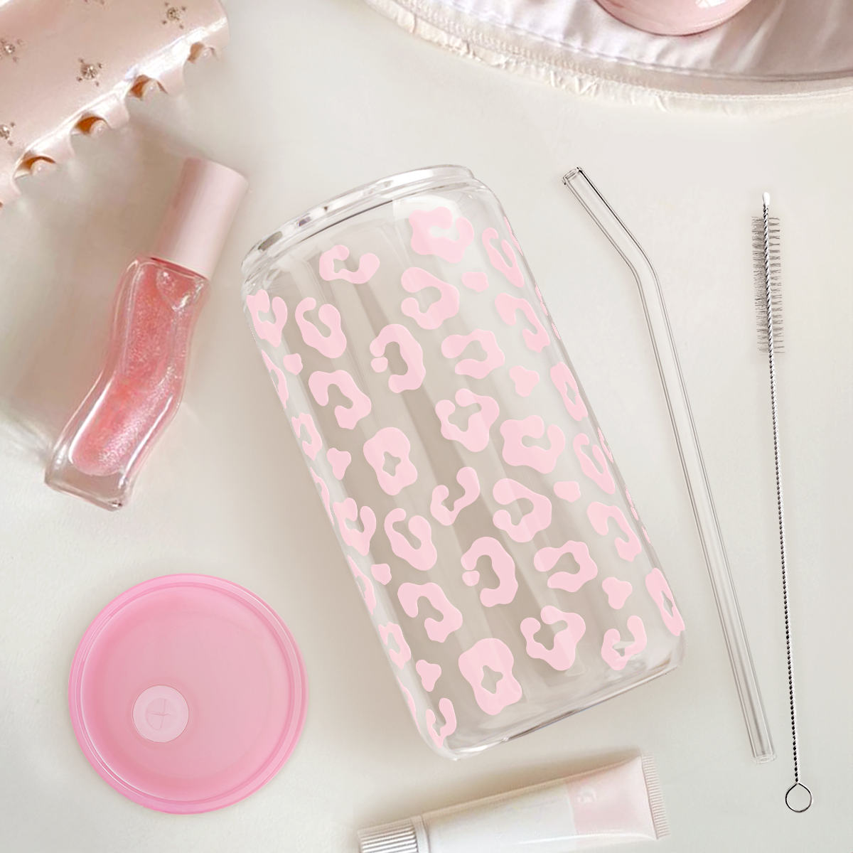 Leopard Glass Bottle, Pink Leopard Print Glass Cup with Lid & Straw, Iced Coffee Aesthetic Glass Can, Gift for Christmas Birthday Mother Day, Gifts for Women, 16oz