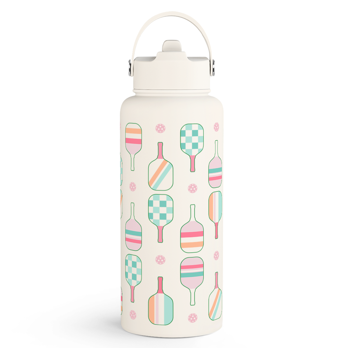 A 32oz stainless steel insulated water bottle with a lid, featuring a white background with colorful pickleball-themed designs.
