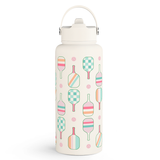 A 32oz stainless steel insulated water bottle with a lid, featuring a white background with colorful pickleball-themed designs.