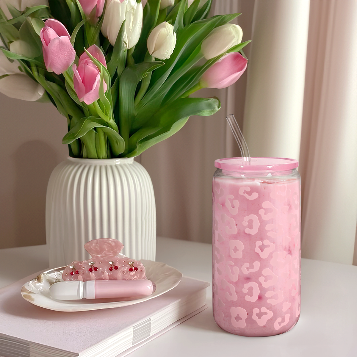 Leopard Glass Bottle, Pink Leopard Print Glass Cup with Lid & Straw, Iced Coffee Aesthetic Glass Can, Gift for Christmas Birthday Mother Day, Gifts for Women, 16oz