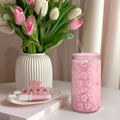 Leopard Glass Bottle, Pink Leopard Print Glass Cup with Lid & Straw, Iced Coffee Aesthetic Glass Can, Gift for Christmas Birthday Mother Day, Gifts for Women, 16oz