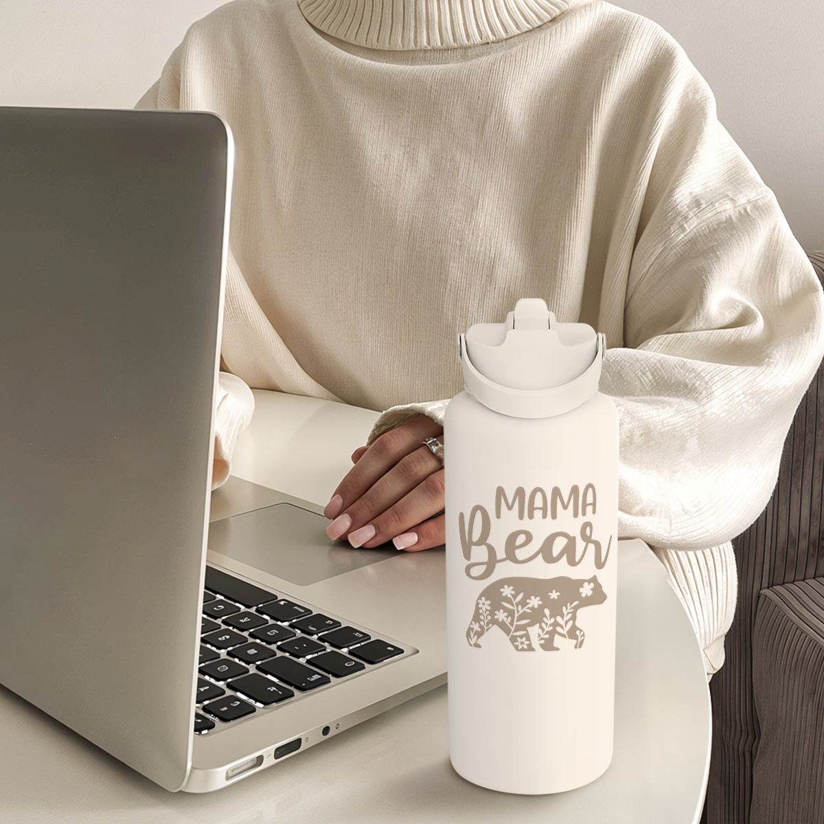 Beige Mama Bear SipChic | Straw Lid Water Bottle 32oz