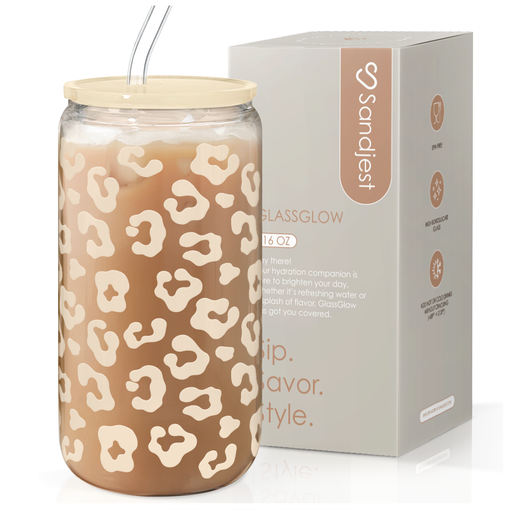 Leopard Glass Bottle, Beige Leopard Print Glass Cup with Lid & Straw, Iced Coffee Aesthetic Glass Can, Gift for Christmas Birthday Mother Day, Gifts for Women, 16oz