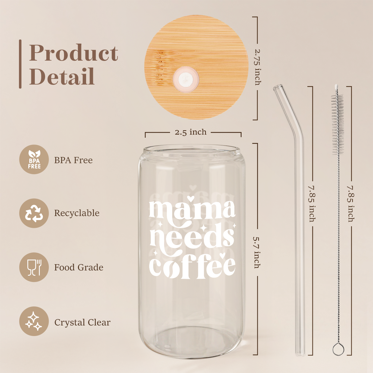 Mom Glass Bottle, Mama Needs Coffee Glass Cup with Lid & Straw, Iced Coffee Aesthetic Glass Can, Idea Gift for Christmas Birthday Mother Day, Gifts for Women, 16oz